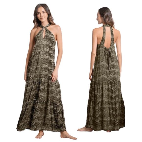 Maaji Metallic Gold Grey Open Tie Back Maxi Dress Womens Medium Animal Print - Picture 1 of 14